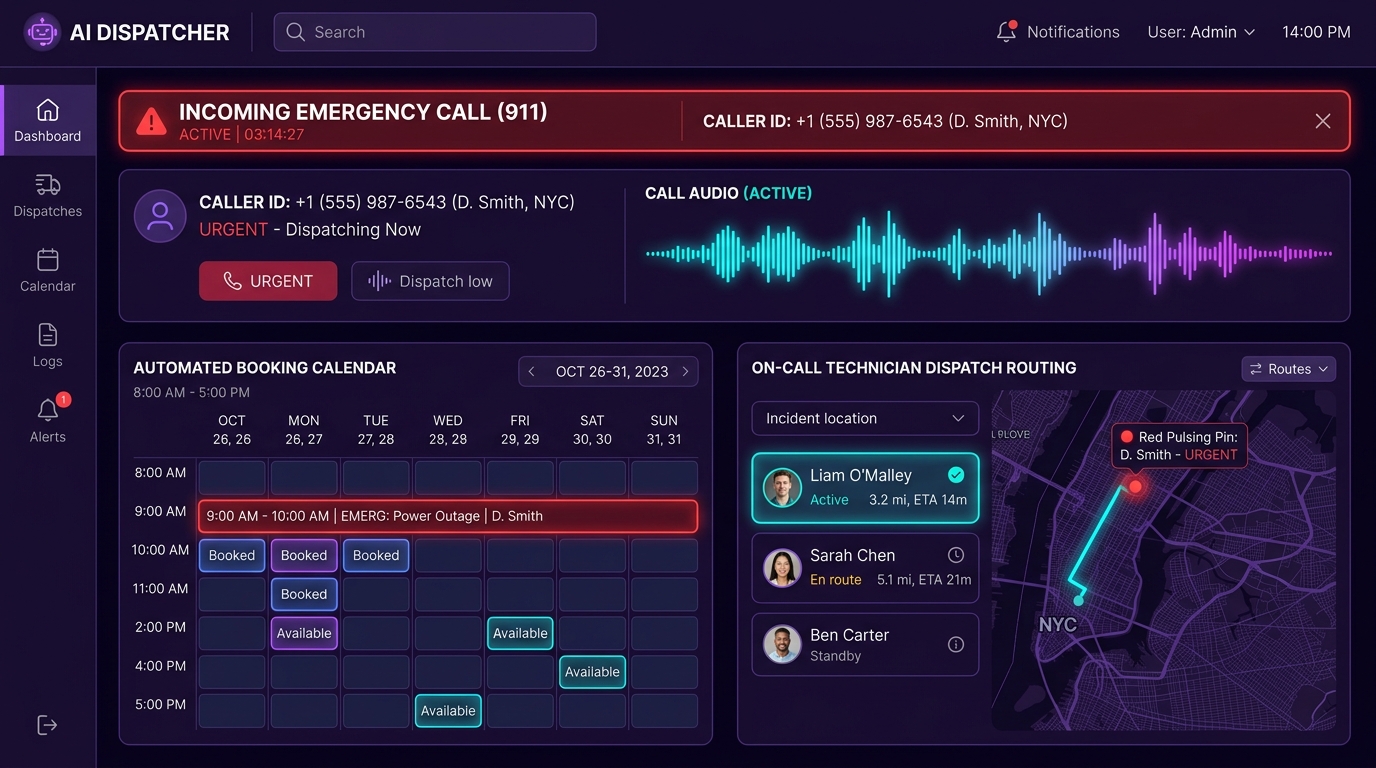 AI Receptionist Emergency Dispatch screen with incoming call, live audio wave, calendar and technician routing