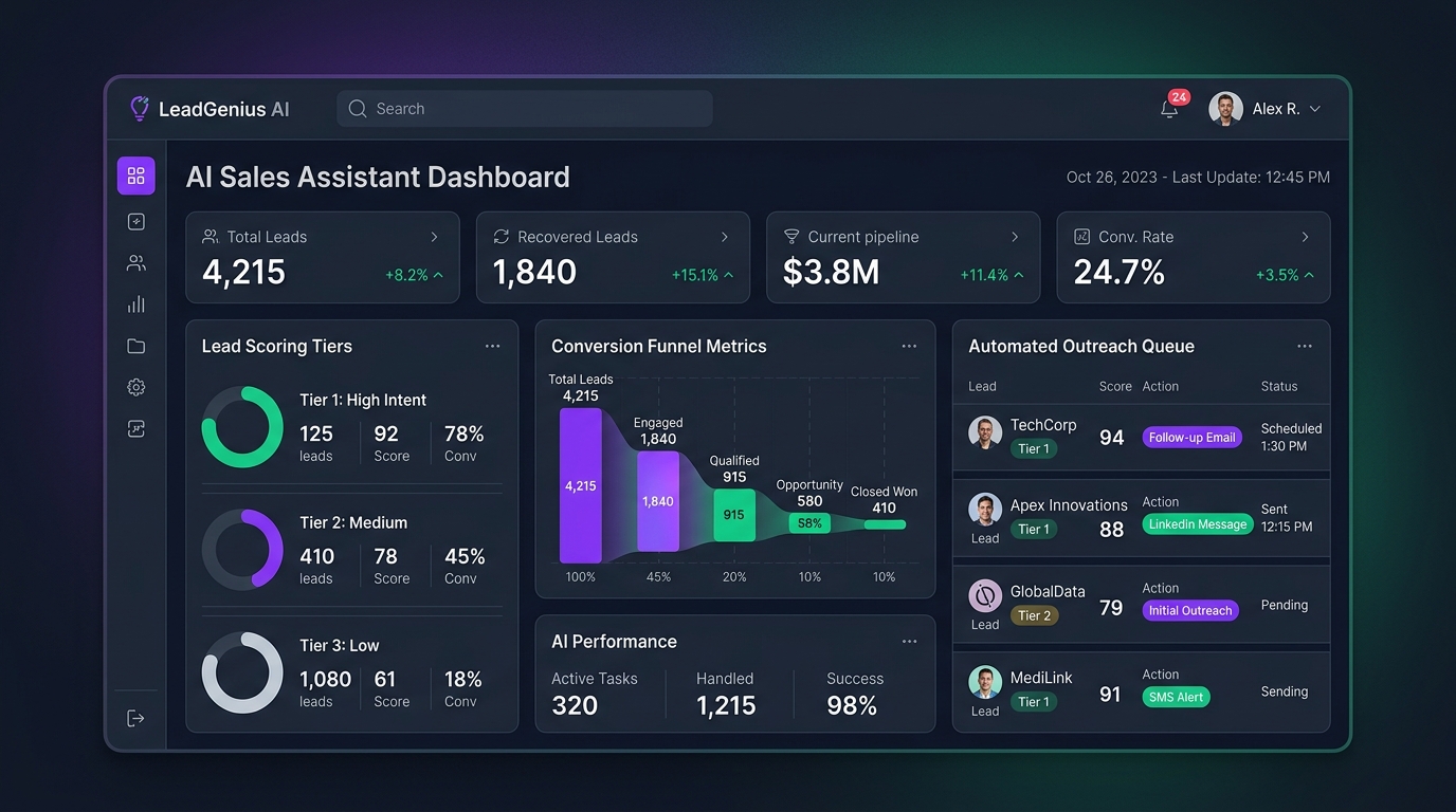AI Sales Assistant Dashboard with lead scoring tiers and conversion funnels