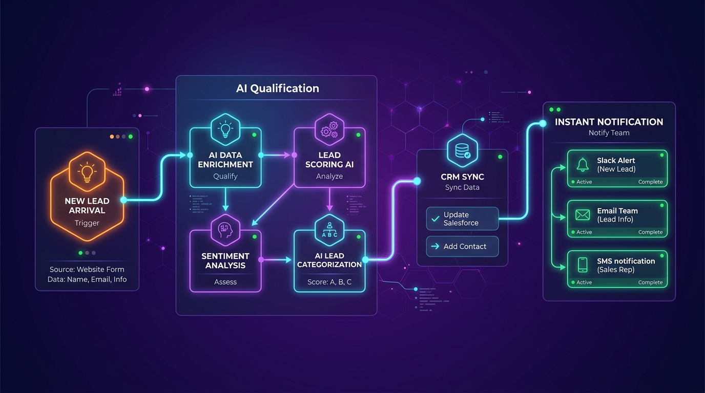 n8n workflow node graph connecting AI enrichment and CRM sync